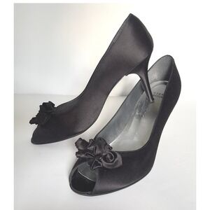 Stuart Weitzman‎ Black Satin Peep Toe Heels Evening Dress Shoes 10.5M